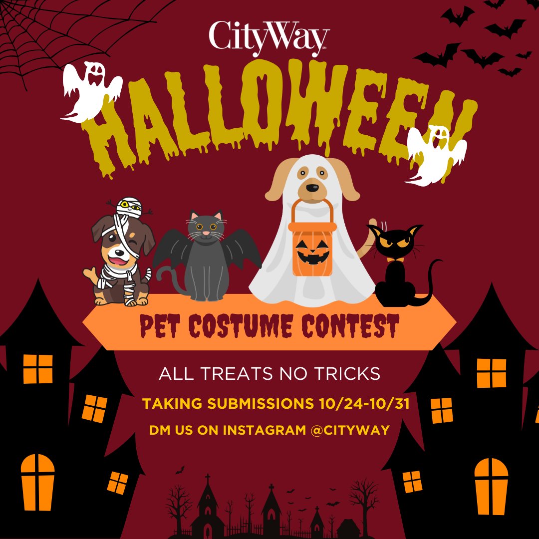 One more Fall surprise... we are holding a Halloween costume contest for our CityWay furry friends! 🐕🐈👻 Submit your pet's costumes by dming us! Submissions must be in by 3:00pm Oct. 31st and winners will be picked Nov. 3rd! 🏆 Multiple winners are possible so don't miss out...