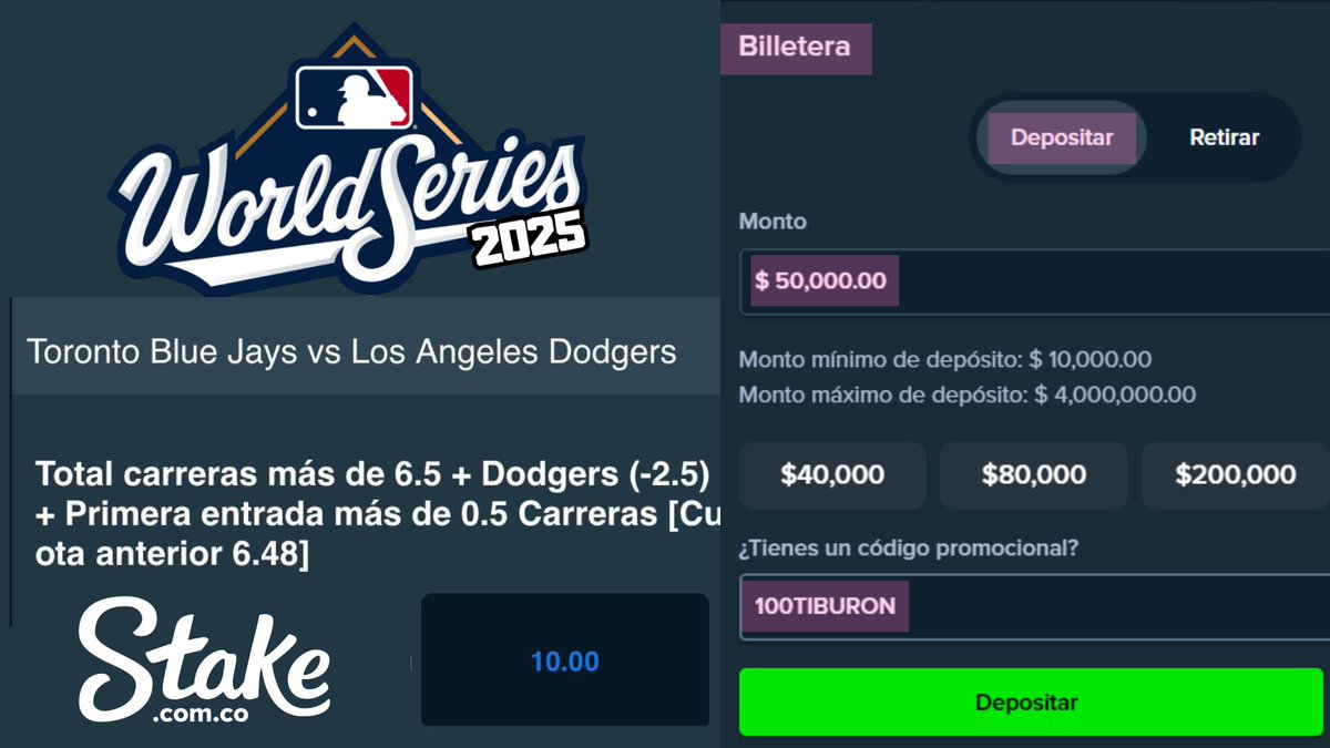 ¡PARA LOS AMANTES DEL BÉISBOL!
Supercuota de 10.00 para el juego 1 de la Serie Mundial.

Solo en <a href="/StakeColombia/">Stake Colombia</a>. Exclusiva con el código 100TIBURON para quienes depositen (antiguos) o se registren (nuevos).

Link:
stake.com.co/es/deportes/od…