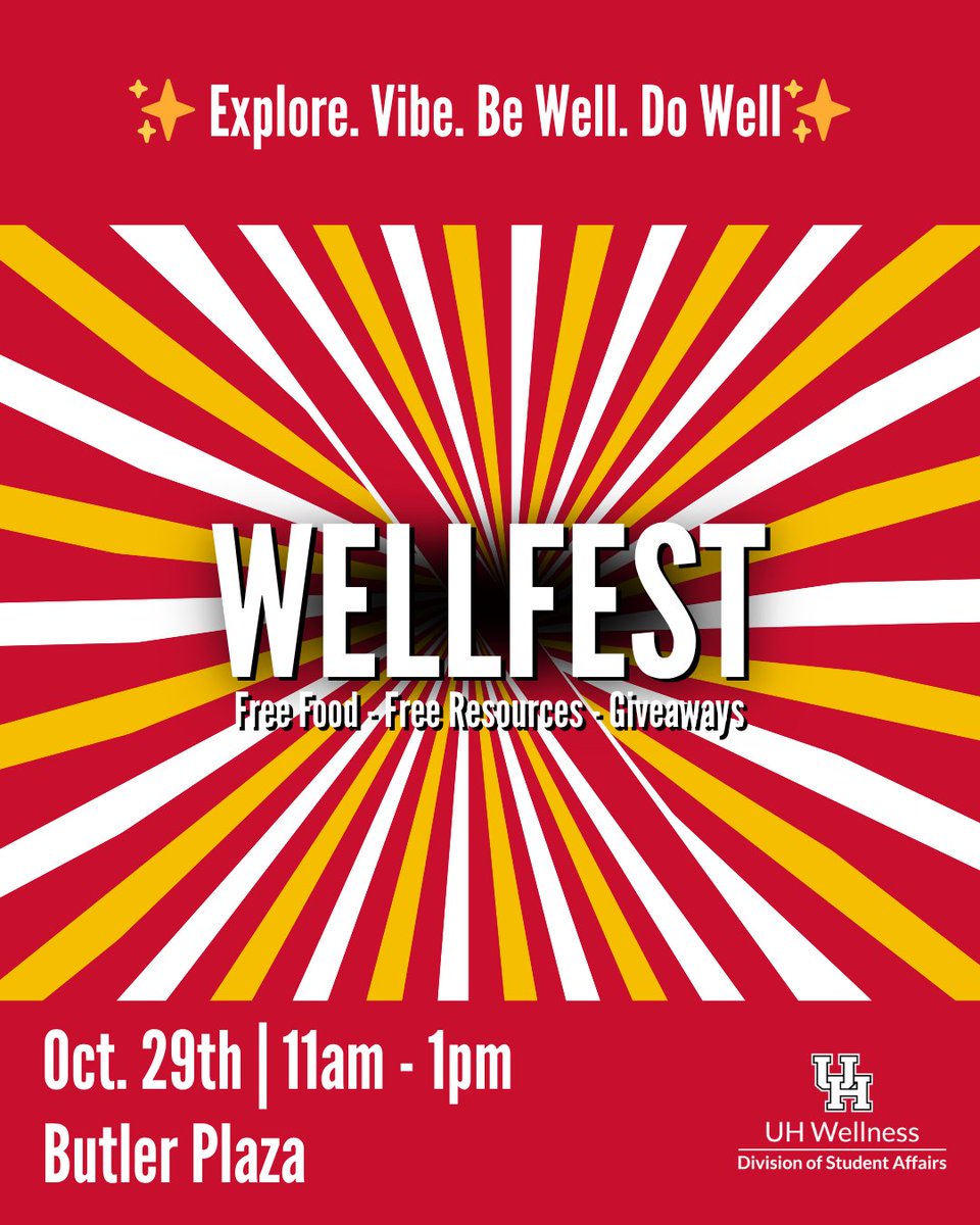 Cougars 🐾, get ready for WELLFEST! Learn about the resources and support that are available to you as a student!🎉

📅 October 29th | Butler Plaza | 11:00 am-1:00 pm
🍔 FREE food
🎁 Giveaways
#UHWELLFEST #CoogLife #UHWellness #FreeFoodAlert