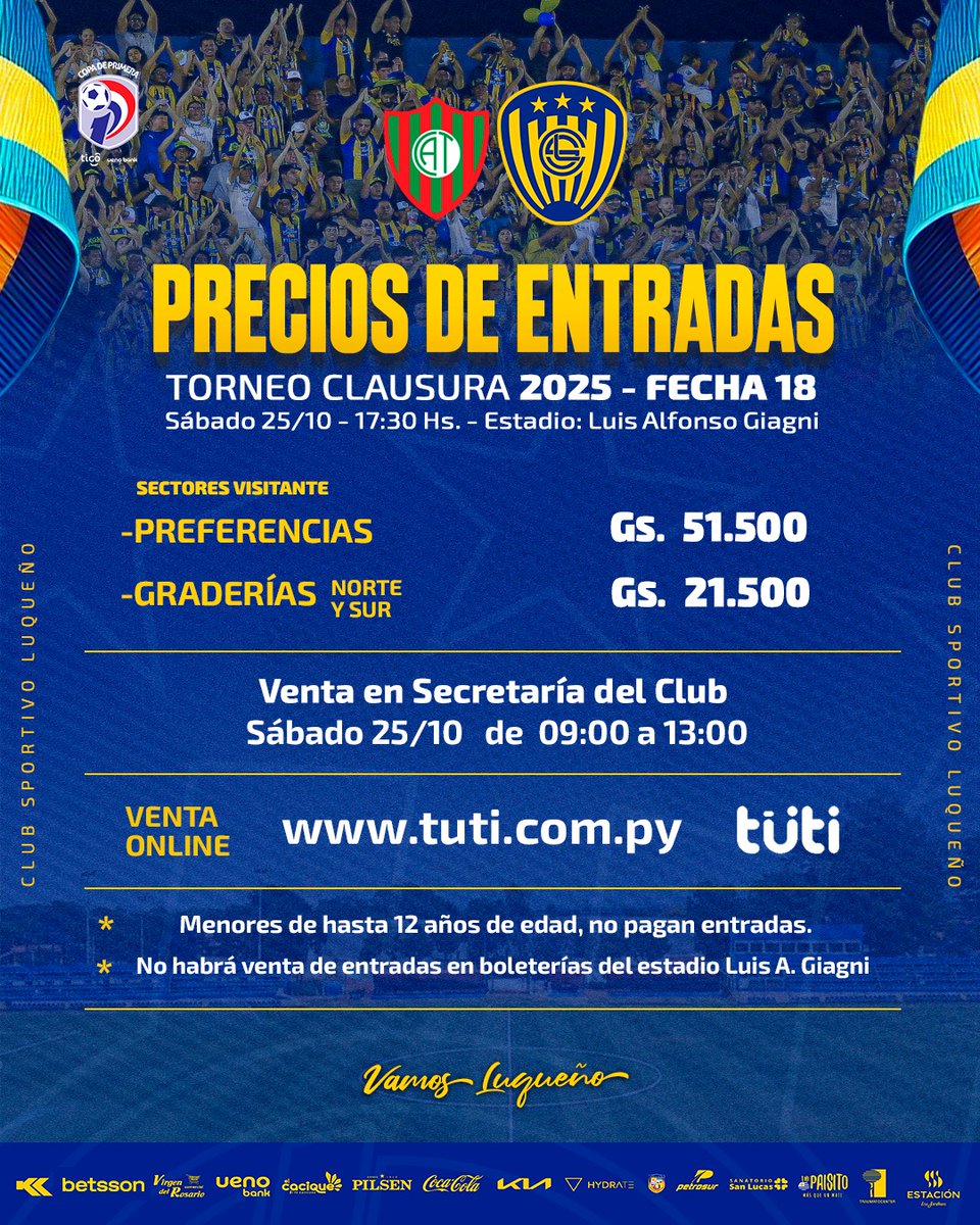 Entradas disponibles desde mañana 09:00 en la secretaría del club y en tuti.com.py 🎟️💻

¡Vamos con todo Auriazules! 💙💛🔥