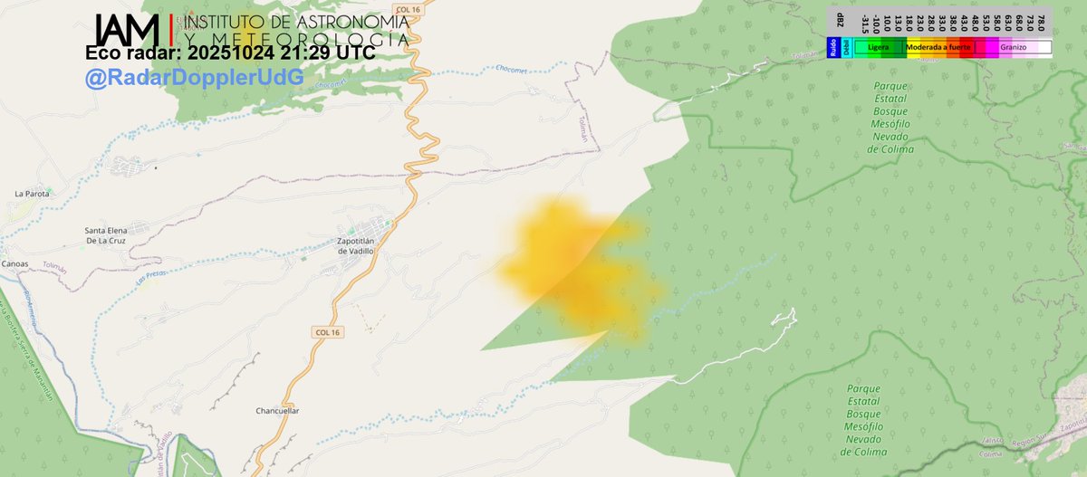 Se detectan ecos de lluvia moderada a fuerte cerca de Zapotitán de Vadillo, en los límites con Colima.