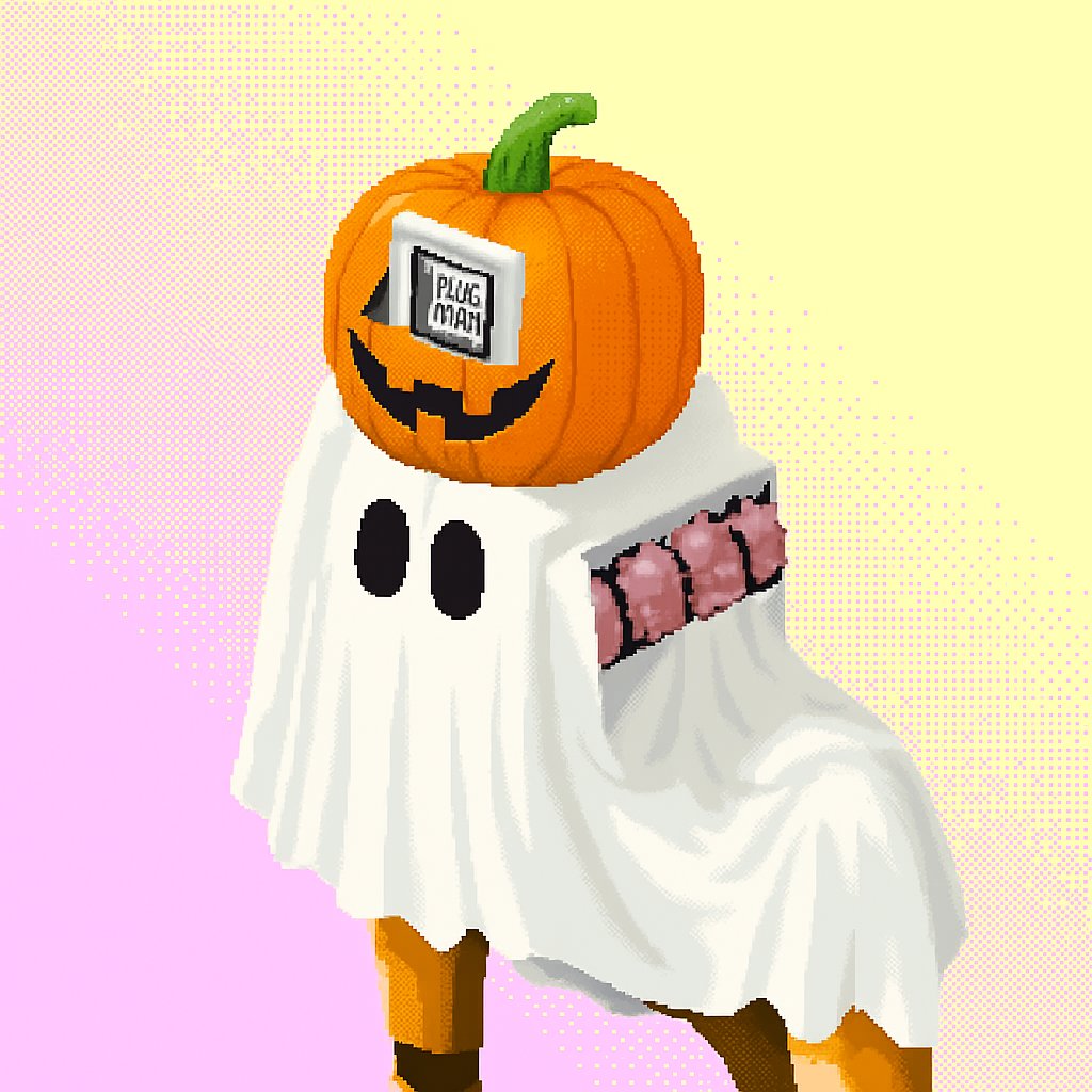 Web3_animator's tweet image. Model: Chatgpt 

Prompt: Pixel-art Plugman NFT in Halloween style — keep original design, add halloween costume like pumpkin and ghost.

@PlugmanNFT
