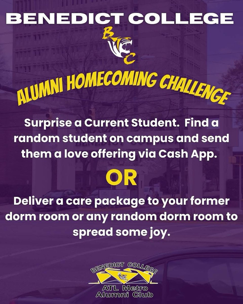 TheInvincible8's tweet image. Homecoming isn’t just about returning… it’s about reconnecting. 💜💛
Let’s show our Tigers on campus that the love from alumni still runs deep!
CashApp a student or drop off a care package to spread some BC joy! #THEESTANDARD