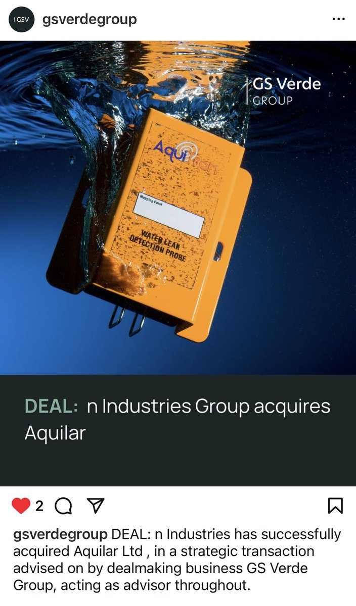 NGreenaway1's tweet photo. DEAL: n Industries has successfully acquired Aquilar Ltd, in a strategic transaction advised on by dealmaking business GS Verde Group.

Aquilar is a leading provider of leak detection &amp; environmental protection  throughout the UK and internationally. https://t.co/5IsKdP2QFv