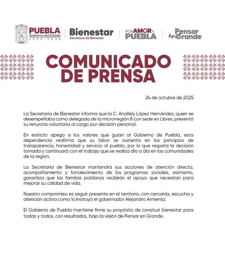 ALunaSilva's tweet image. 🚨 Más vale tarde que nunca…

⚠️ Renuncian a Anallely López Hernández, delegada de la Secretaría del Bienestar en la región 8 de #Libres, #Puebla, relacionada con Nazario “N”,
operador del Cártel Jalisco Nueva Generación (#CJNG), detenido por la #FGR durante un cateo en la