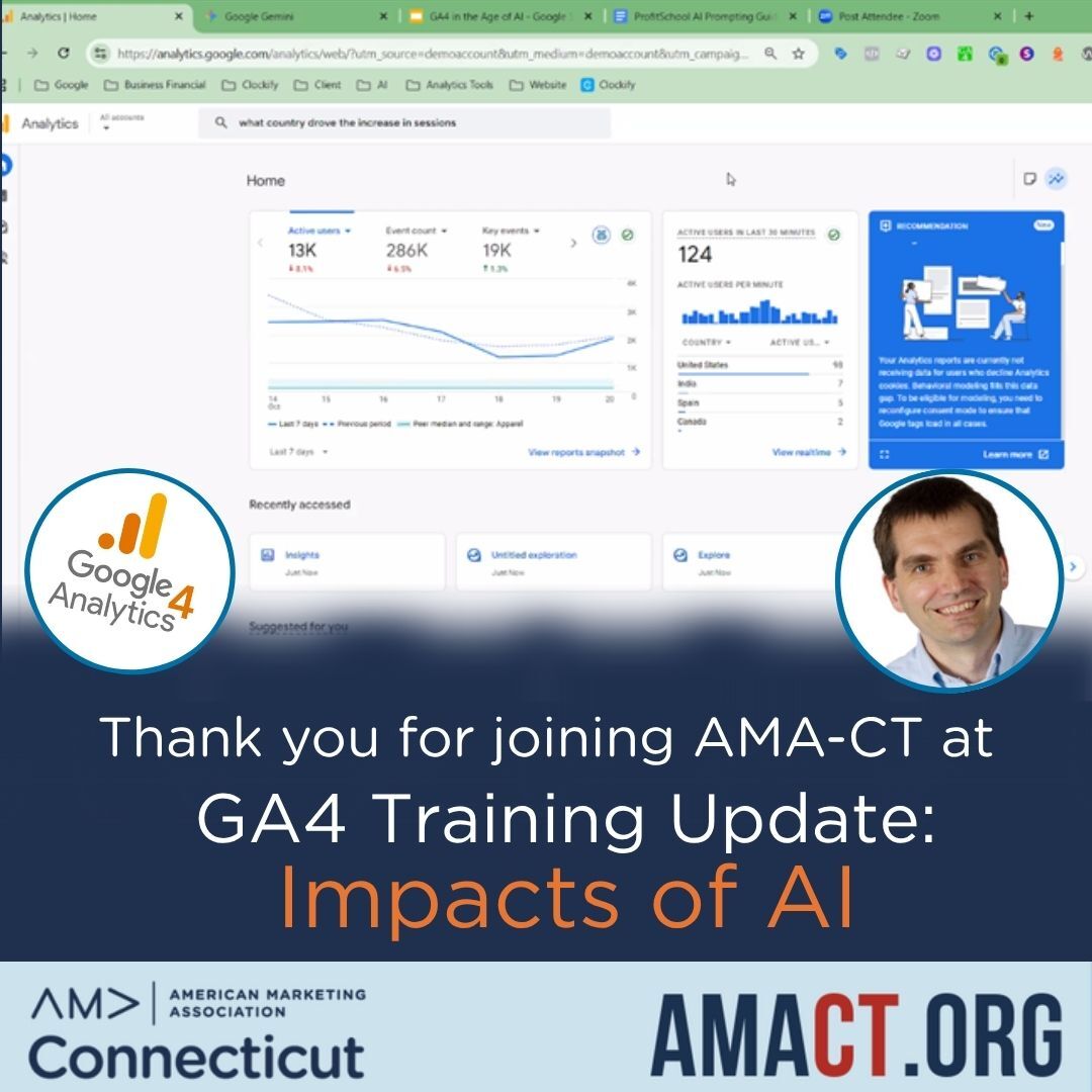 📊 GA4 + AI = The Future of Analytics
Thanks to Rick Child of @TheAshfordGrp for hosting AMA CT’s “GA4 in the Age of AI.”

☕ Join AMA-CT at upcoming events → zurl.co/8PUDJ

#AMACT #GA4 #MarketingAI #Analytics #CTMarketing