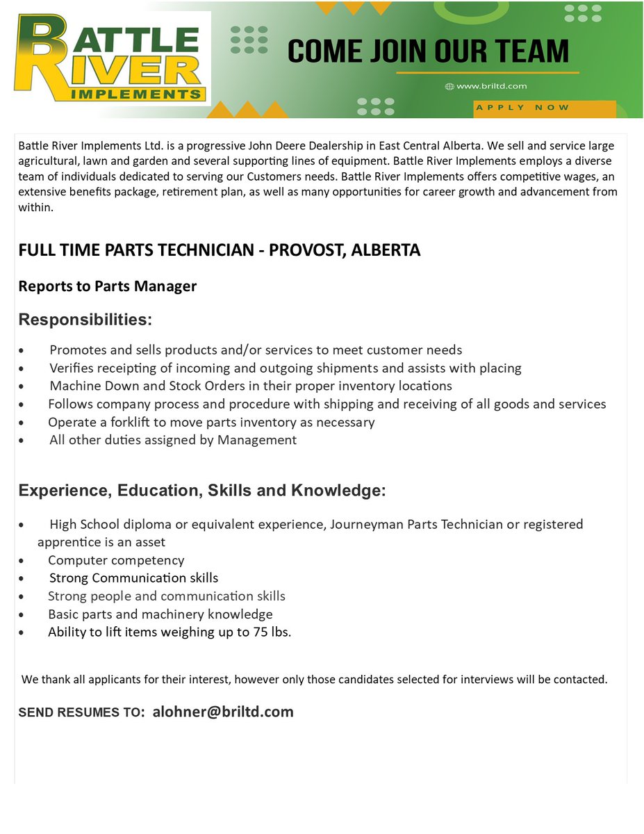 We are seeking a #Motivated #TeamPlayer
<a href="/BRILTD/">Battle River Implements</a> #Provost #fulltime *benefits after 3 months* #PartsTech #JohnDeere #agriculture #WestCdnAg briltd.com  Email resumes to alohner@briltd.com