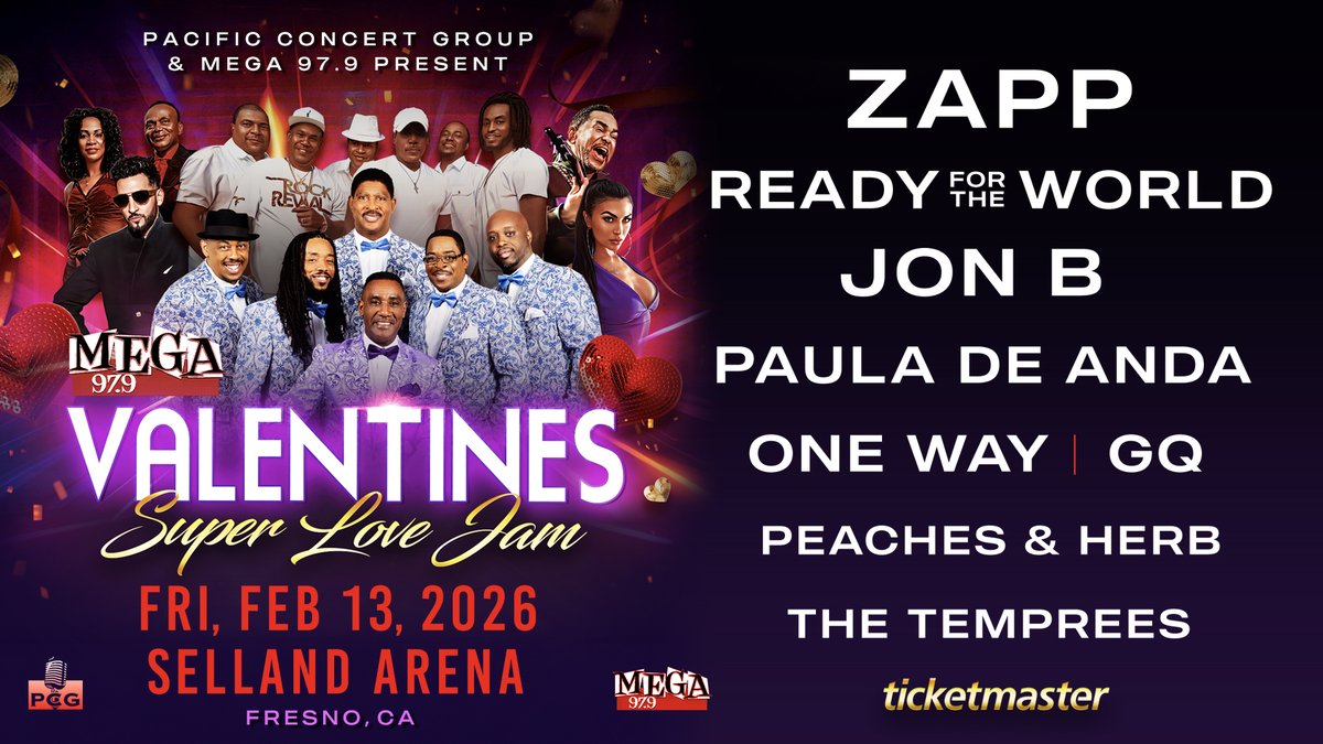 Celebrate Valentine's Day with <a href="/Mega979/">Mega 97.9</a> at Valentines Super Love Jam on February 13. Experience unforgettable performances from The ZAPP Band, Ready For The World, Jon B, Paula De Anda, One Way, GQ, Peaches &amp; Herb and The Temprees at the Selland Arena: bit.ly/43CDOn5