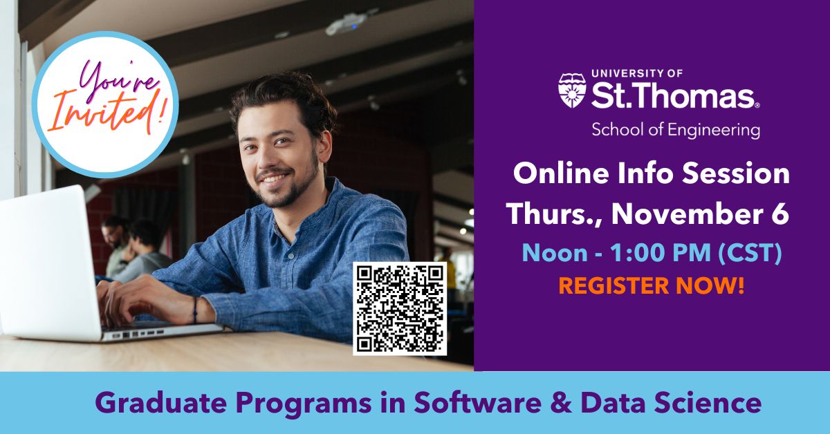 UST_Engineering's tweet image. Advance your career in tech! 

Join the @UofStThomasMN virtual info session on Nov. 6 (12–1 PM CST) to explore grad programs in AI, Data Science, Software Engineering &amp;amp; IT.

Register now: uofstthomasmn.my.salesforce-sites.com/summit__Summit…

#AI #DataScience #SoftwareEngineering #IT #GradSchool #TechCareers