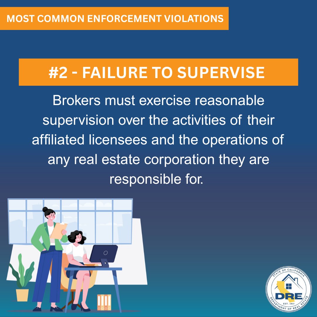 CA_DRE's tweet image. 👩‍💼👨‍💼Brokers are responsible for supervision. Failure to supervise affiliated licensees can lead to serious violations.

📌 Clear training + oversight = compliance and consumer protection. Read more: ow.ly/hQ8l50XfhHp

#ProfessionalStandards #DREUpdates #ConsumerProtection