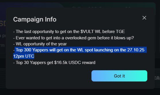 Midnight alpha alert ‼️ 

<a href="/vultisig/">Vultisig</a> just launched the shortest campaign on kaito that ends in 3 days ⏱️ 

Top 5 get $1,200, top 300  yappers + 50 Kaito stakers get whitelist access to buy $VULT TGE at $3M FDV. 

Get yapping and see you in top 300