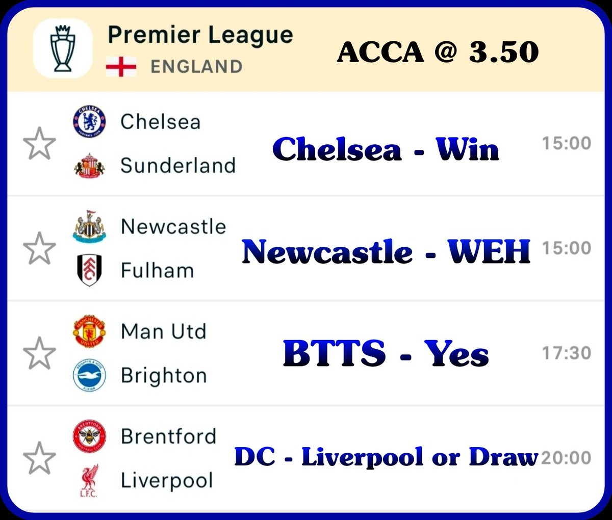 TomWhiteTips's tweet image. Predictions for the Premier League, La Liga, Serie A, and the Bundesliga on Saturday !!!

Create your bets using these selections as you wish 👍

All games listed are to be played on Saturday, 25th October.....