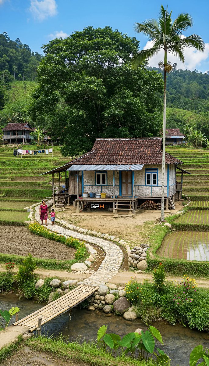 Tempat di mana langkah kecil dulu dimulai…
jalan batu, jembatan bambu, dan rumah yang penuh kenangan.