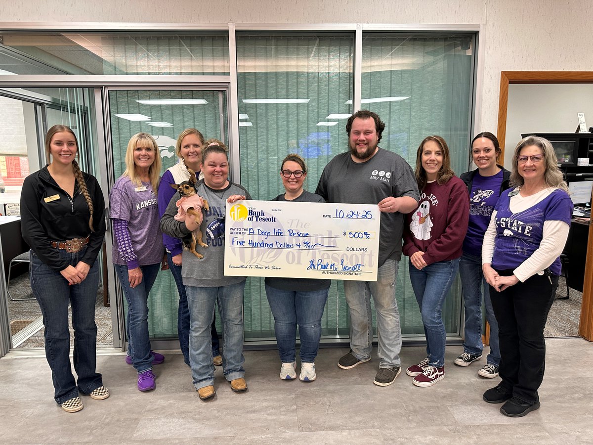 🐾 Giving Second Chances 🐾

The Bank of Tescott’s Lincoln branch proudly donated $500 to our community’s new animal rescue, "A Dog's Life Rescue &amp; Networking Association," and our employees matched it with another $500!

Their mission is to give animals a second chance at