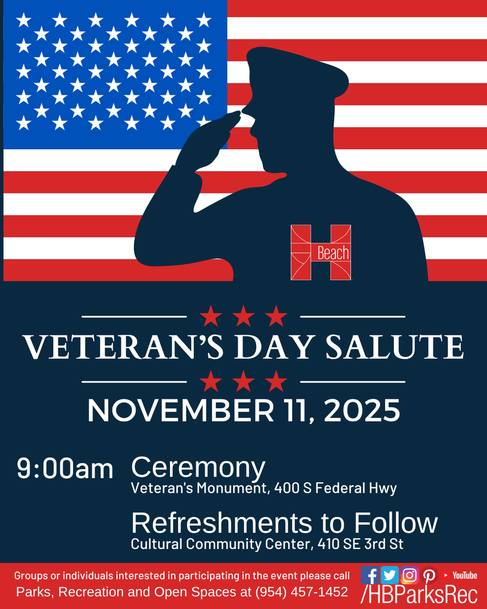 Join us this Veteran's Day at 9:00 AM at the Cultural Community Center (410 SE 3rd St) for a heartfelt Salute to our heroes, followed by refreshments! 🎖️ Let’s honor our veterans together! 
For more information, visit coHB.org/Events. 
🌟 #VeteransDay