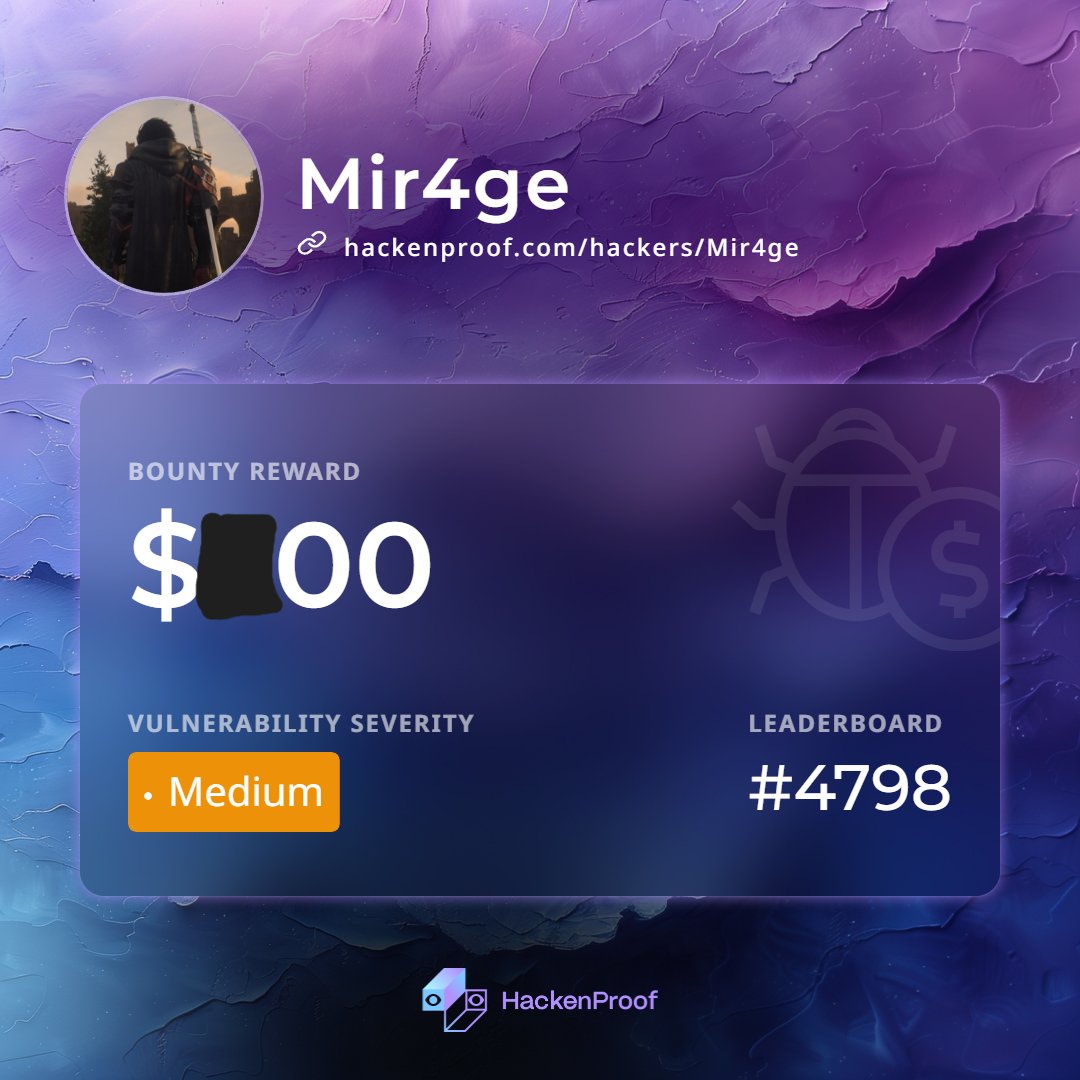 Alhamdulillah 🤍
I, <a href="/M0hamedGamal0/">M0hamed_Gamal0</a>, and @AhmdMhmd30376 found a valid bug on <a href="/HackenProof/">HackenProof</a> and received a bounty!
#BugBounty #CyberSecurity #HackenProof #InfoSec