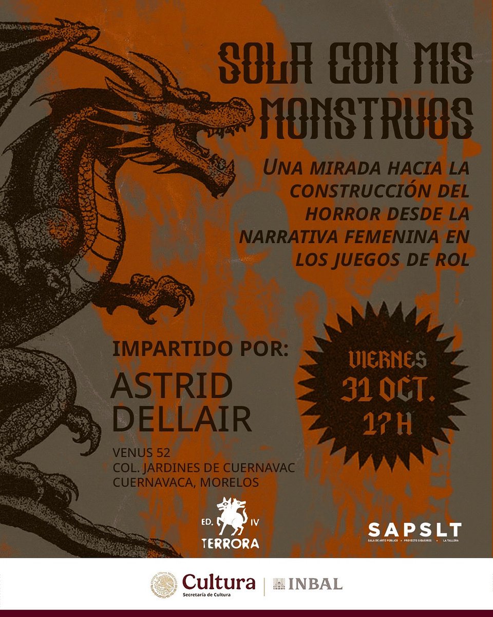En el universo de los juegos de rol, ¿cómo construyen las mujeres el horror? 👻
Descúbrelo en "Sola con mis Monstruos", una charla esencial impartida por Astrid Dellair con una demostración de juego de rol.

🗓️ 31 de octubre · 17 h 📍La Tallera
Entrada libre
