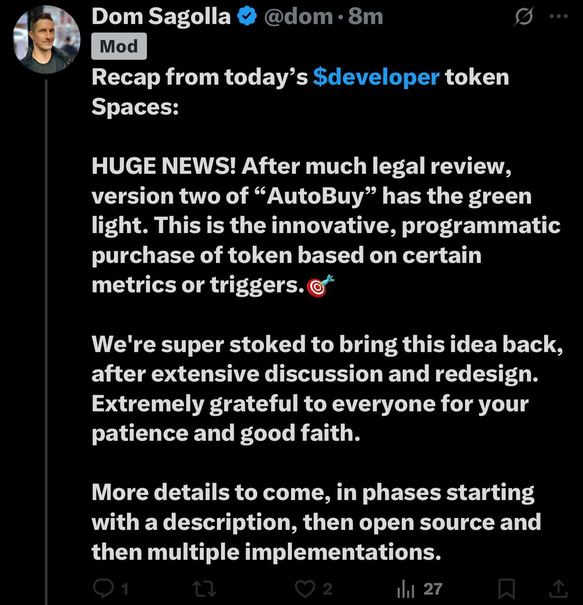 Finally good move from $developer team 

Legals are done and buy back program is back on