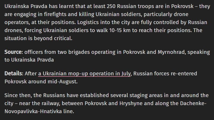 RALee85's tweet image. "Ukrainska Pravda has learnt that at least 250 Russian troops are in Pokrovsk – they are engaging in firefights and killing Ukrainian soldiers, particularly drone operators, at their positions. Logistics into the city are fully controlled by Russian drones, forcing Ukrainian…