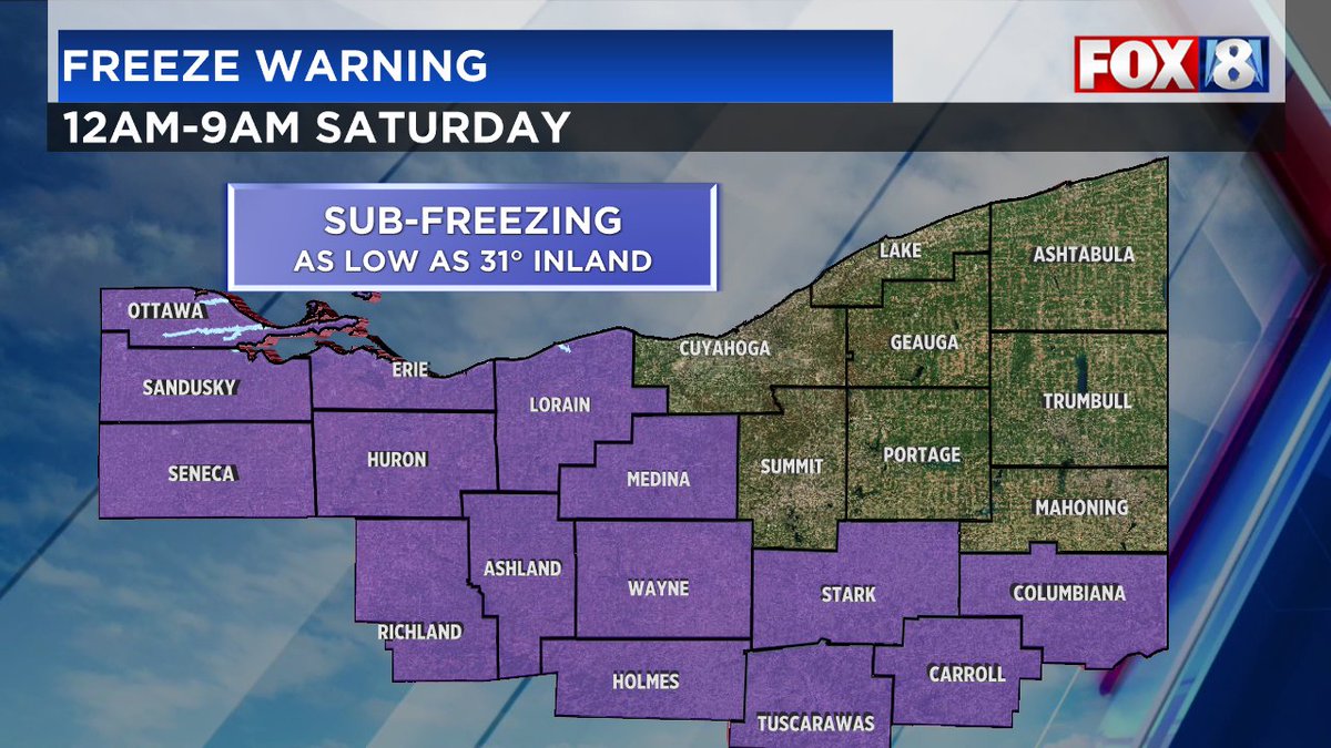 Freeze Warning with temperatures falling below freezing in spots by Saturday morning. 

<a href="/fox8news/">fox8news</a> #Ohio #Cleveland