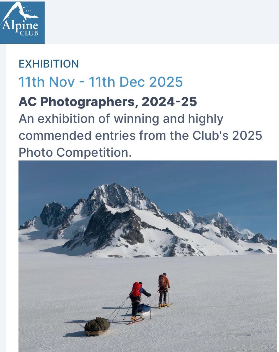 If in London 📸 AC Photographers, 2024-25 EXHIBITION <a href="/thealpineclub/">Alpine Club</a> 55 Charlotte Road, London, EC2A 3QF, 11 Nov - 11 Dec 2025 🏔️ 
Available to view at the fantastic lecture evenings, Tue 11+25 Nov 7:30pm (I’ll be there!) AND by appointment on Tues and Thur alpineclub.org/events