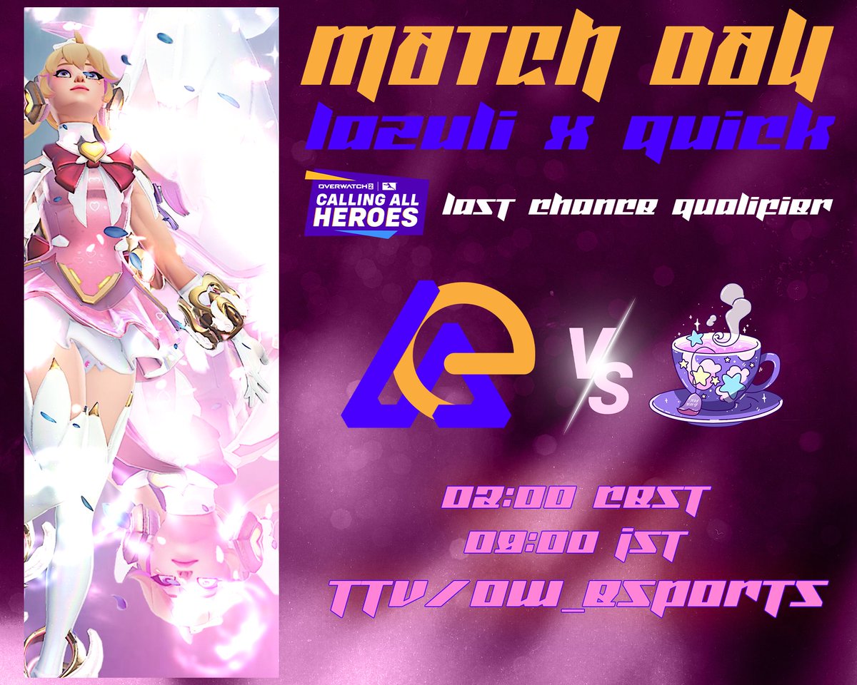 VanirQuickGG's tweet image. 【Calling All Heroes LCQ】

💫「 In the name of the moon, I&apos;ll punish you!
月にかわって、おしおきよ！」🌙

⚔️@lazuli_team x @QuickEsports_no vs Cafe Violet
⏰ 2:00 CEST | 9:00 JST | 8pm ET 
📺ttv/ow_esports

#LxQfighting #LZWIN #QuickWork #HamsterNation🐹