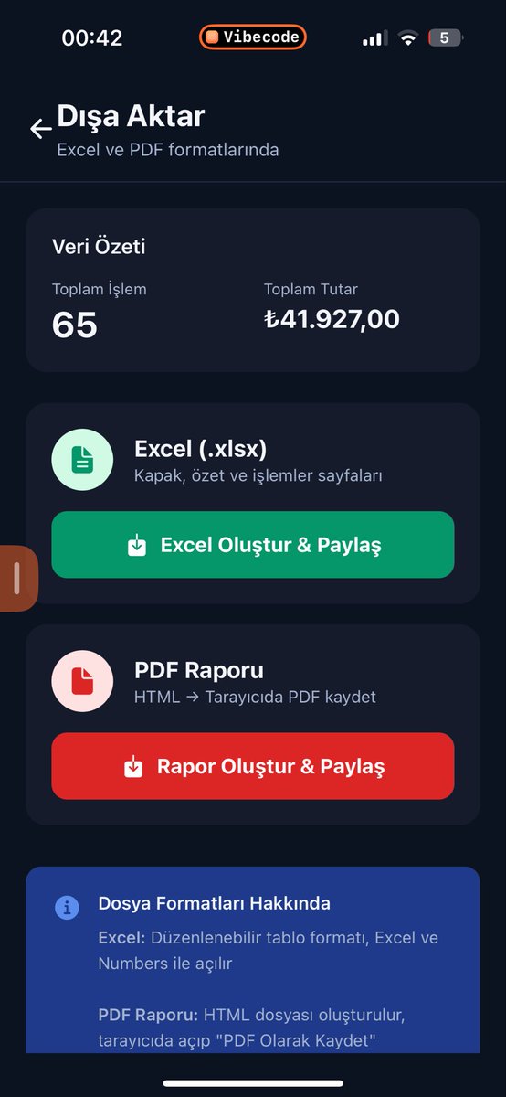 Yeni prototip: Siri’den “35 TL kahve ekle” → anında kaydediyor.
CSV içe/dışa aktar, limit uyarıları, 7/30/90 gün trendleri hazır.
VibeCode sayesinde hızlı iterasyon, teşekkürler <a href="/v_computer/"></a> 🚀
Ne düşünürsünüz?
