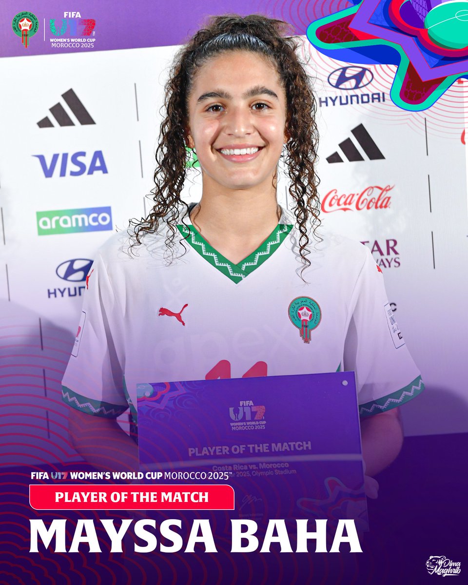 ميساء باها نجمة لقاء منتخبنا الوطني النسوي لأقل من 17 سنة أمام منتخب كوستاريكا 🌟

Mayssa Baha chosen as Player of the Match against Costa Rica 💪🏻

#DimaMaghrib 🇲🇦