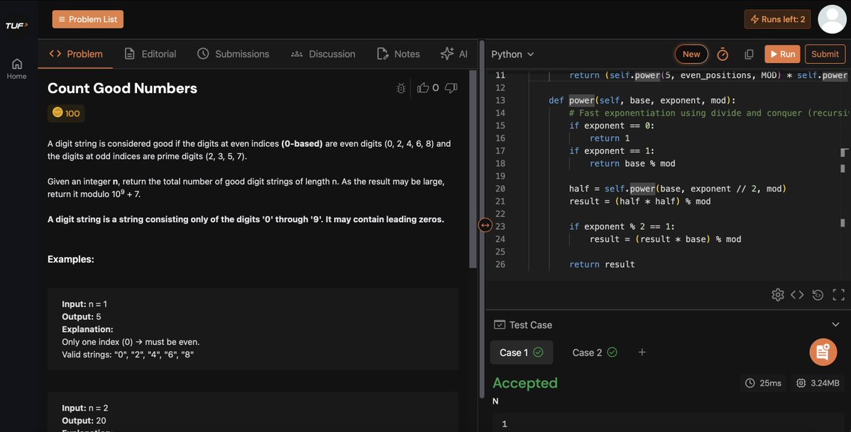 Topzee0o1's tweet image. Day 40 of #100DaysOfDSA
From @striver_79
✅ Solved Count Good Numbers using Backtracking
Properly understanding backtracking now😎
#Day40 #LeetCode #Python #takeUforward