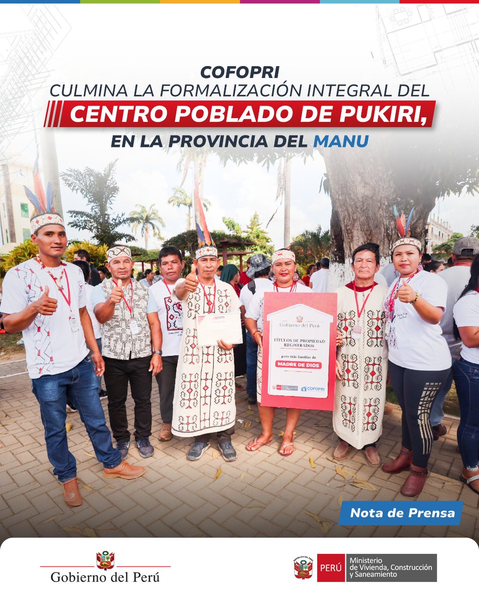 viviendaperu's tweet photo. 🏡 El Ministerio de Vivienda, Construcción y Saneamiento (#MVCS), a través del Organismo de Formalización de la Propiedad Informal (@CofopriPeru) culminó la formalización integral del centro poblado de Pukiri, ubicado en el distrito de Madre de Dios, consolidándolo como el pueblo con mayor número de lotes formalizados de toda la región amazónica.

📰 Más información aquí:
https://t.co/EM8o5kDaTO