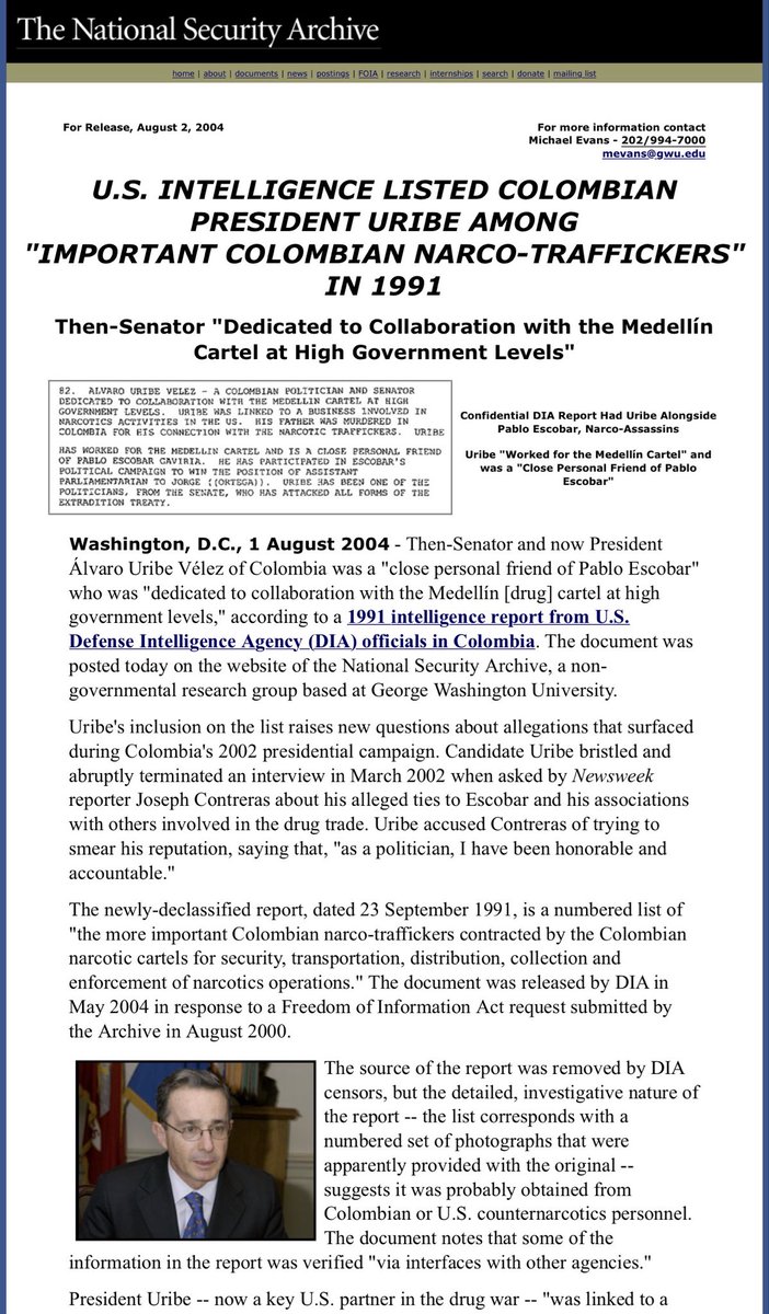 Para refrescarles la memoria a los Uribistas que se creen “gringos” : Era el año 1991 pleno auge del narcotráfico y allí estaba el ; Álvaro Uribe Vélez reseñado con el “Narco #82” .
Cómo siempre ocurre , se convirtió después en un informante y “aliado” entregó el país