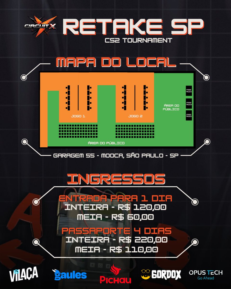 circuitxusa's tweet image. 🎫Ingressos a venda amanhã 08h!

Amanhã 08h abriremos oficialmente a venda dos ingressos para a Circuit X Retake SP!

Mas, já estamos disponibilizando o mapa do local e os valores: Você poderá comprar pra 1 dia do evento (Quinta, Sexta, Sábado ou Domingo) ou adquirir nosso combo…