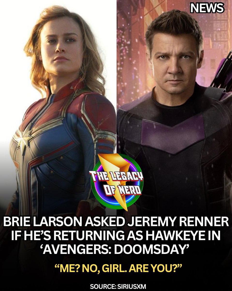thelegacyofnerd's tweet image. Brie Larson called into SiriusXM where Jeremy Renner was being interviewed and joking asked if he was going to be in ‘Avengers: Doomsday’
“Me? No, girl. Are you?”