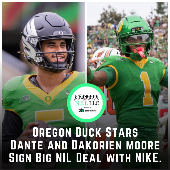 NIL_LLC's tweet photo. @oregonfootball stars @dantemoore05 and @thereal_kori2x land exclusive @Nike NIL Deal, ahead of their Big Game against @BadgerFootball. The Ducks will be going retro by honoring the Grateful Dead this weekend! #OregonDucks #DanteMoore #DakorienMoore #Nike #GratefulDead #NIL https://t.co/344mzBBQIO