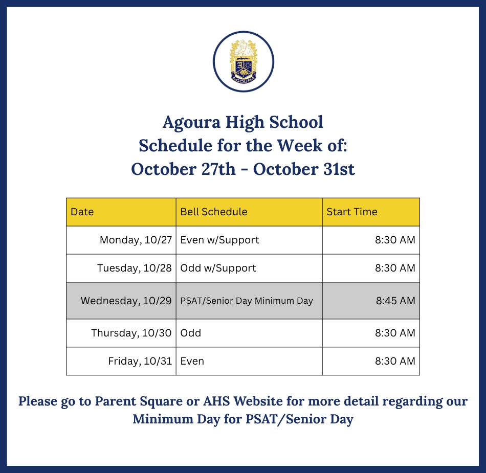 This is the schedule for AHS the week of 10/27-10/31.  We will be having a minimum day on Wed., 10/29 to give the PSAT to 9, 10 &amp; 11th graders.  For important details about PSAT and Senior Day, please go to your Parent Square or the AHS Website.  #lvusdrocks #chargeon @instagoura