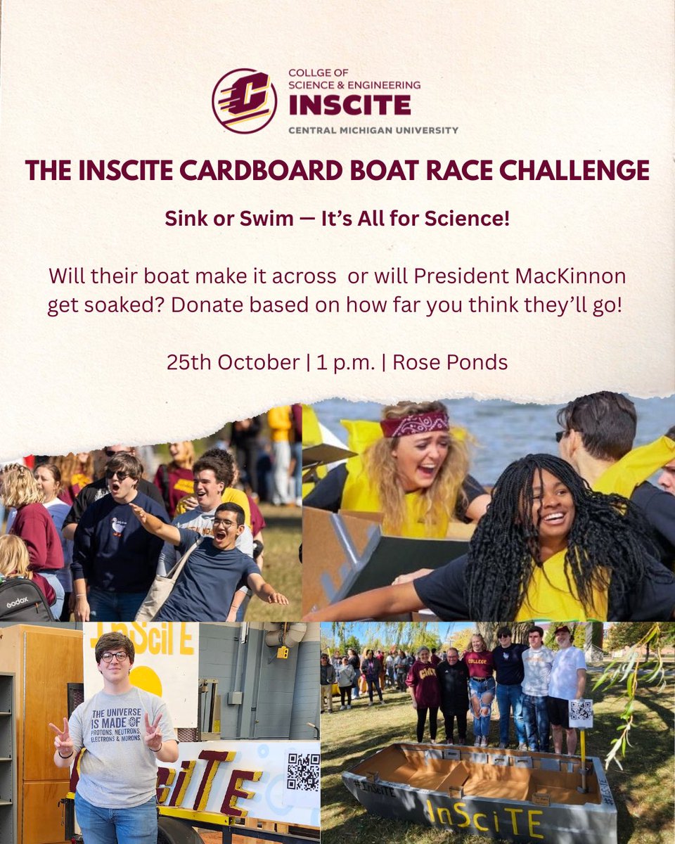 🚤 Get ready for one of CMU’s most anticipated Homecoming traditions the InSciTE Cardboard Boat Race Challenge!

Watch as teams of CSE, race their cardboard boats across Rose Ponds for glory ! 🏁💦

📍 Rose Ponds (near CMU Events Center)
🕐 1 p.m.

#FireUpChips #InSciTE #CMUSE