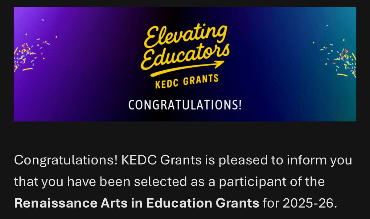 Blessed to share that I have been accepted for year 5 of the Renaissance arts grant! This grant has helped to transform me as a teacher over the last 4 years. Can’t wait to get this year started up! <a href="/KedcARTS/">RENAISSANCE Grant</a> <a href="/KEDCGrants/">KEDC Grants</a> #Artstokyed
