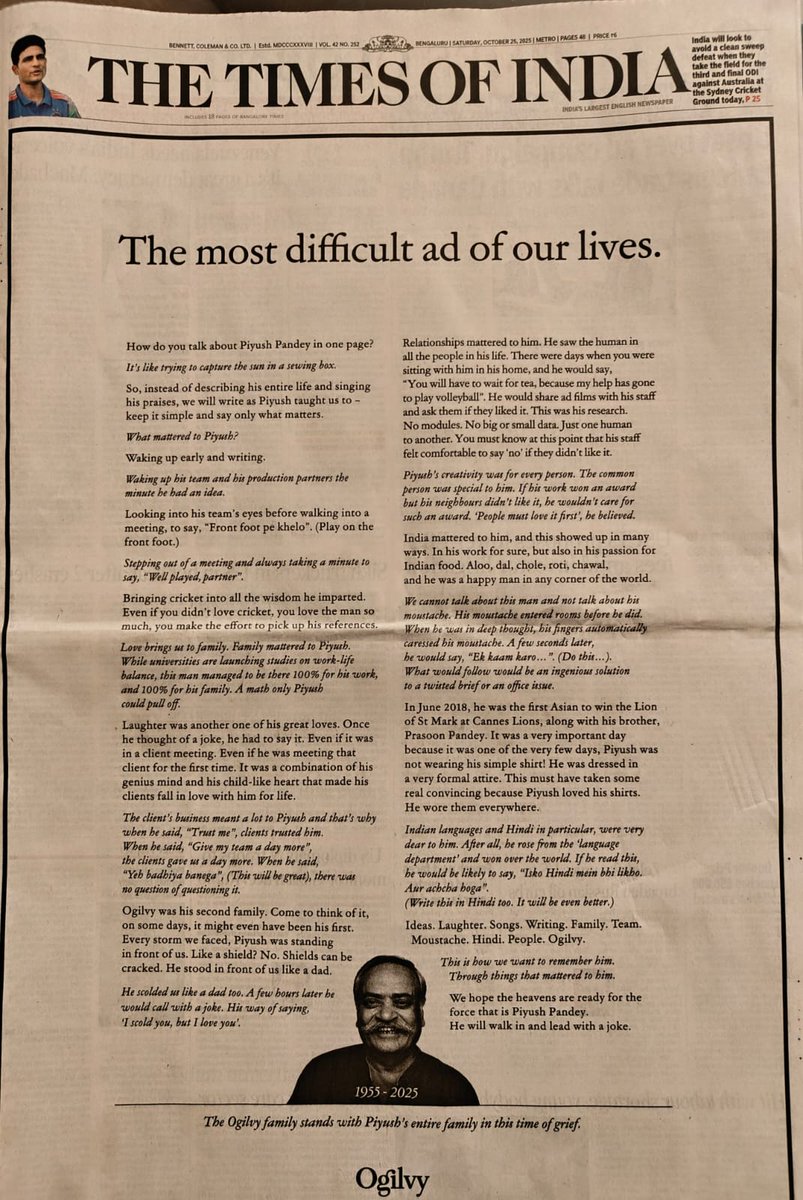 What a wonderful tribute by <a href="/Ogilvy/">Ogilvy</a> to Piyush Pandey🙏👌