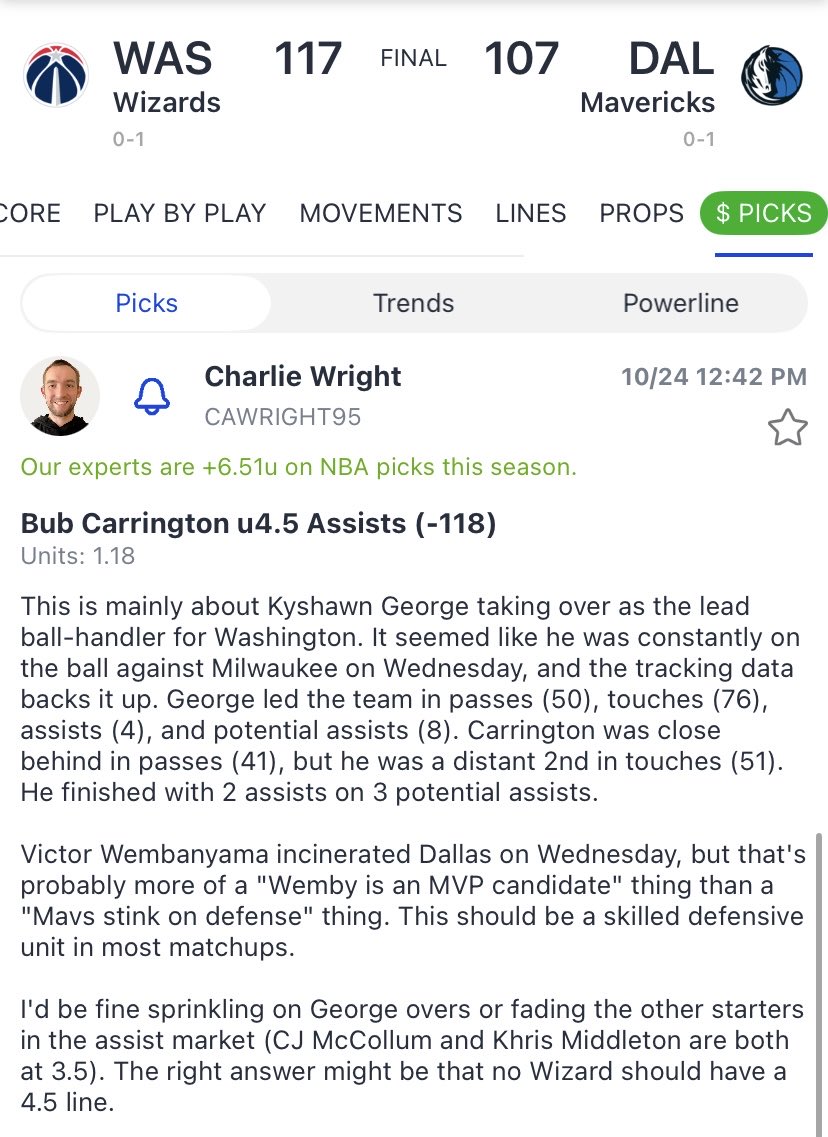 Sooo Kyshawn George might be awesome. 

✅ Carrington u4.5 asts

Bub getting bumped to an off-ball role isn’t ideal, but there might be no turning back at this point. George looks like Scottie Barnes with a reliable jumper.