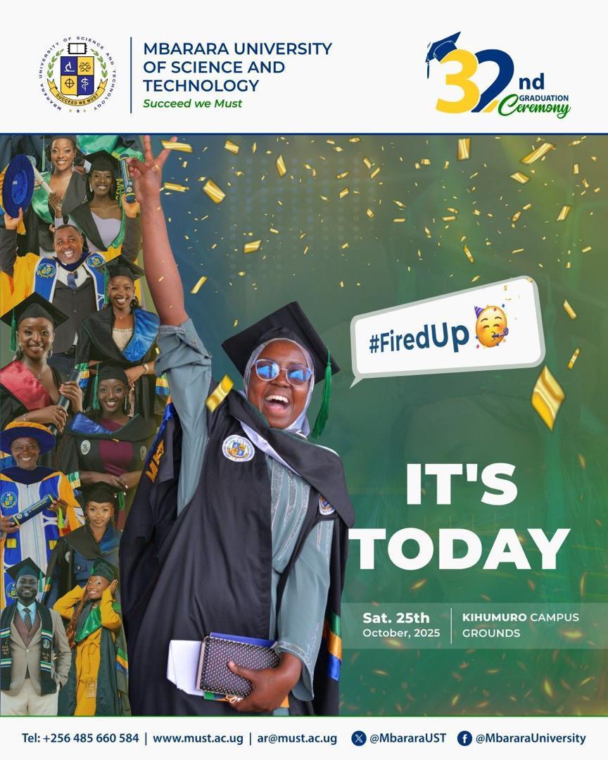 MbararaUST's tweet image. The wait is finally over

The 32nd Graduation Ceremony of @MbararaUST is happening today at the Kihumuro Graduation Grounds.

Join us as we celebrate our graduands’ hard work, resilience, and success. 

#32ndMUSTGrad 
#SucceedWeMust 
#FiredUp