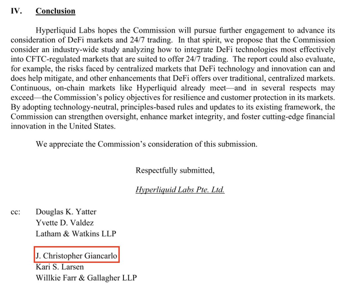 steven.hl (@stevenyuntcap) on Twitter photo HL decides to list HIP-3 deployed perps the same day a new CFTC chair is appointed. Coincidence? Unlikely.
Michael Selig worked for then-CFTC commissioner Christopher Giancarlo, the same Mr. Giancarlo that helped HL draft the letter to the CFTC to legalize US perps.
Hyperliquid HL decides to list HIP-3 deployed perps the same day a new CFTC chair is appointed. Coincidence? Unlikely.
Michael Selig worked for then-CFTC commissioner Christopher Giancarlo, the same Mr. Giancarlo that helped HL draft the letter to the CFTC to legalize US perps.
Hyperliquid
