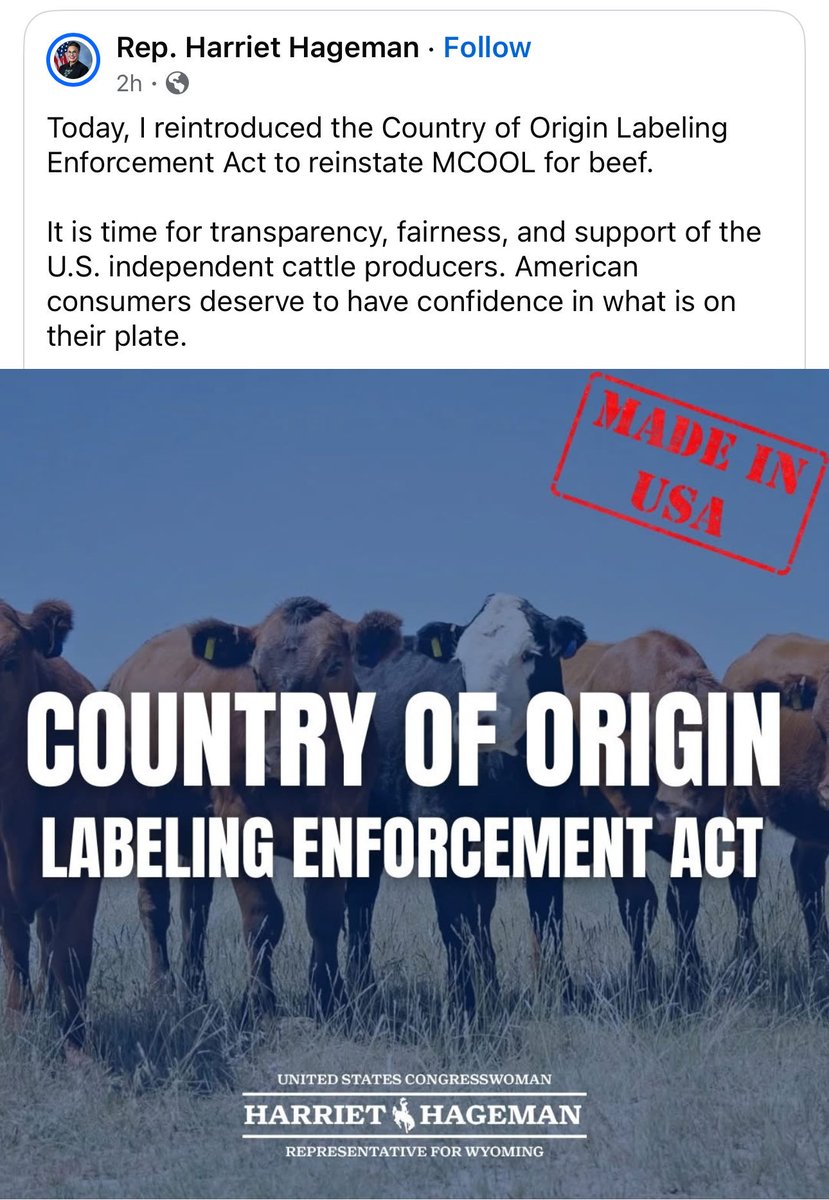 Dan Osborn (@osbornforne) on Twitter photo Wyoming Rep Harriet Hageman (<a href="/RepHageman/">Rep. Harriet Hageman</a>) reintroduced MCOOL legislation (Mandatory Country of Origin Labeling)! This is great news.
Bill is co sponsored by:
Rep Ro Khanna (D-CA)
Rep Thomas Massie (R-KY)
Rep Paul Gosar (R-AZ)
Rep Warren Davidson (R-OH)
Rep Chip Roy (R-TX) Wyoming Rep Harriet Hageman (<a href="/RepHageman/">Rep. Harriet Hageman</a>) reintroduced MCOOL legislation (Mandatory Country of Origin Labeling)! This is great news.
Bill is co sponsored by:
Rep Ro Khanna (D-CA)
Rep Thomas Massie (R-KY)
Rep Paul Gosar (R-AZ)
Rep Warren Davidson (R-OH)
Rep Chip Roy (R-TX)