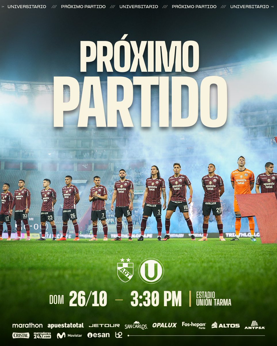 Universitario's tweet photo. 🔜 𝗣𝗥𝗢́𝗫𝗜𝗠𝗢 𝗣𝗔𝗥𝗧𝗜𝗗𝗢 𝗖𝗥𝗘𝗠𝗔

⚽ 𝘈𝘋𝘛 𝘷𝘴. 𝘜𝘯𝘪𝘷𝘦𝘳𝘴𝘪𝘵𝘢𝘳𝘪𝘰

🏆 𝘊𝘭𝘢𝘶𝘴𝘶𝘳𝘢 2025 - 𝘍𝘦𝘤𝘩𝘢 16

📅 𝘋𝘰𝘮𝘪𝘯𝘨𝘰 26 𝘥𝘦 𝘰𝘤𝘵𝘶𝘣𝘳𝘦 

⏱️ 3:30 𝘱.𝘮.

🏟️ 𝘌𝘴𝘵𝘢𝘥𝘪𝘰 𝘜𝘯𝘪𝘰́𝘯 𝘛𝘢𝘳𝘮𝘢 

#LaGarraDelÚnicoGrande https://t.co/BQ3vHUFPKl