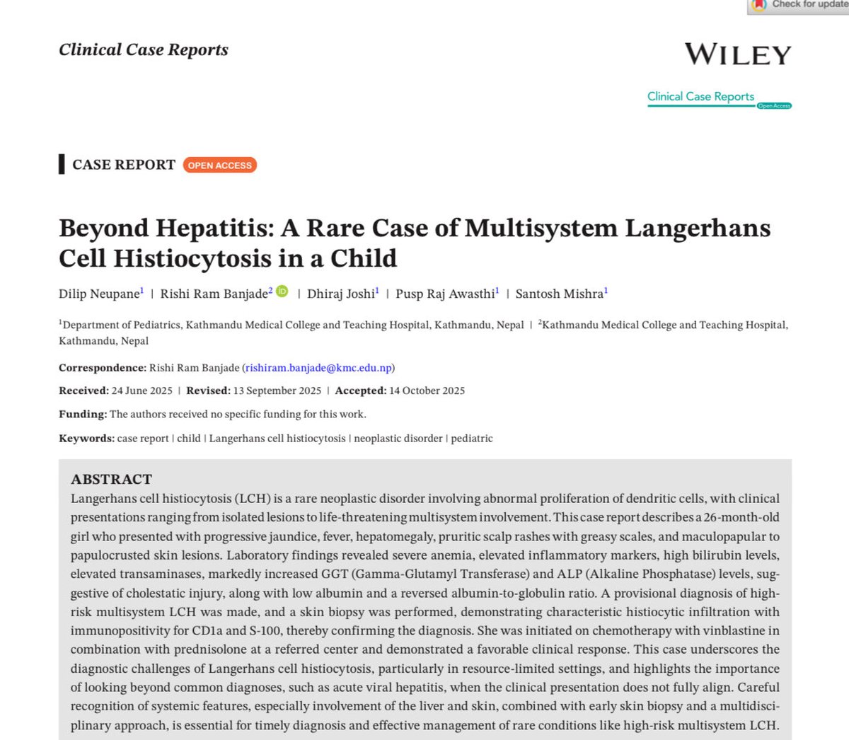 Proud to publish a rare case of Langerhans Cell Histiocytosis from Nepal.
Thanks to the KMC pediatric team for timely diagnosis and care, and to Wiley for the publication opportunity.
#CaseReport #LCH #RareDisease #Pediatrics #MedicalPublication #ChildHealth #JaundiceInChildren