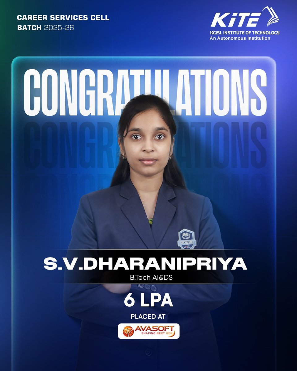 KiTETechCollege's tweet image. Dreams turn into reality!  
S.V. Dharanipriya, B.Tech AI&DS student of KITE, has been placed at AVASOFT with a remarkable 6 LPA package. A true inspiration for future tech talents! 💪
#KiTE #CareerSuccess #SuccessStory #Placement #Avasoft #AIDSLife