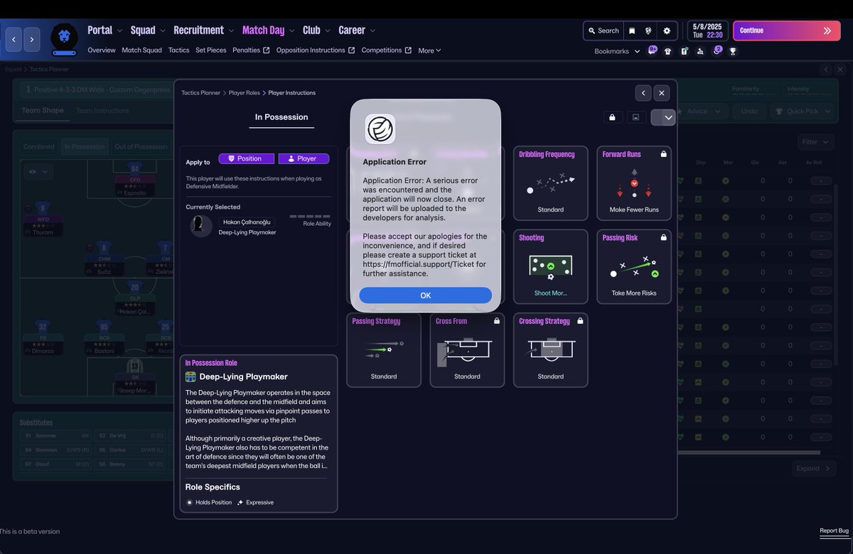 tsugafc's tweet image. I finally found the bug—an error message immediately appeared when I entered the individual player tactics section. LOL
@fm @id_fm @fmbIog @FootballManager