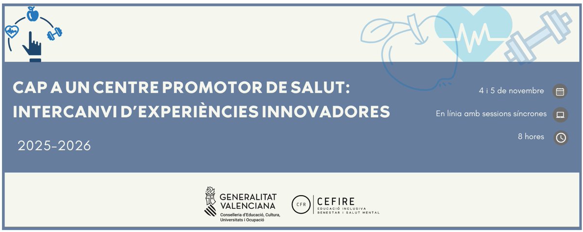 🔎 Jornada “Cap a un centre educatiu promotor de salut”, organitzada pel <a href="/GVA_Cefire/">Formació, Innovació i Recursos per al Professorat</a> @fisabio <a href="/GVAsanitat/">GVA Sanitat</a>📅 4 i 5 de novembre
🕓 De 16.00 a 20.00 h
💻 Modalitat en línia (TEAMS)
📝 Inscripció oberta a altres col·lectius (sense emissió de certificat)
🔗encuestas.uv.es/index.php/3743…