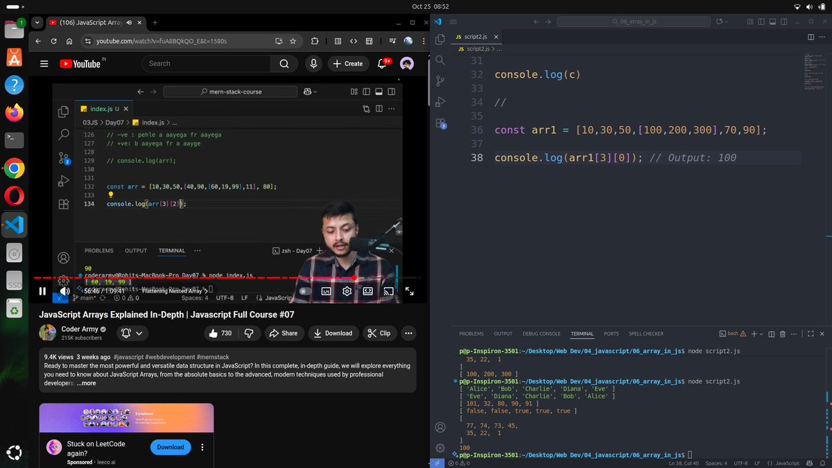 priyanshudevs's tweet image. Day 21 finished! Arrays & methods covered - learned why simple copying is a trap, how spread operator works, and that JS arrays are actually objects.
#BuildInPublic #LearnInPublic #JavaScript
