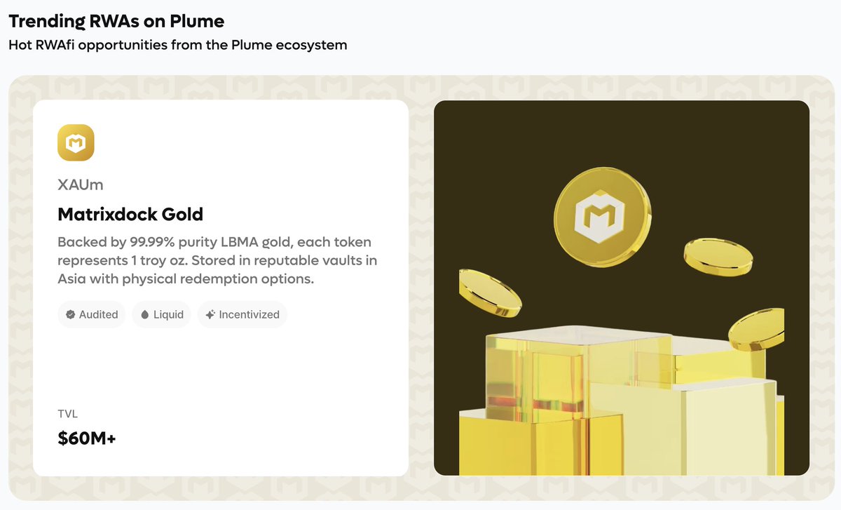 plumenetwork's tweet photo. Head over to the Plume Portal and start your RWAfi journey. 

View trending RWAs like @matrixdock, yield vaults, assets, and more. https://t.co/lAyQHeYdCs