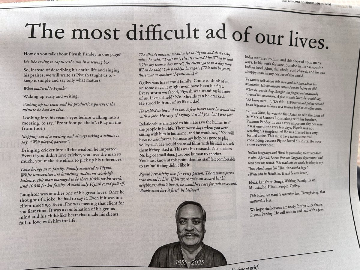 Beautifully put. 
Ideas. Laughter. Songs. Writing. Family. Team. Moustache. Hindi. People. #Ogilvy
#PiyushPandey